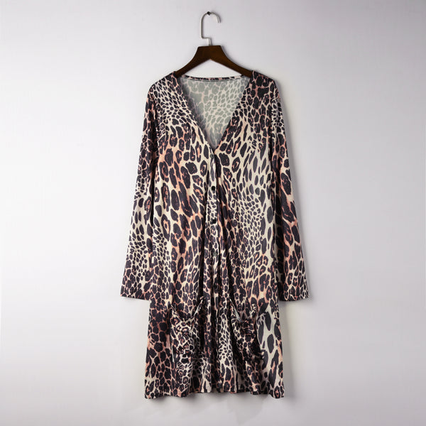 Leopard Cotton Pocketed Cardigan Kimono Blouse