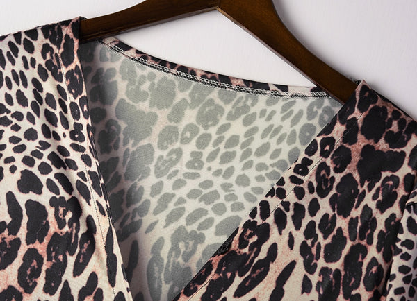 Leopard Cotton Pocketed Cardigan Kimono Blouse