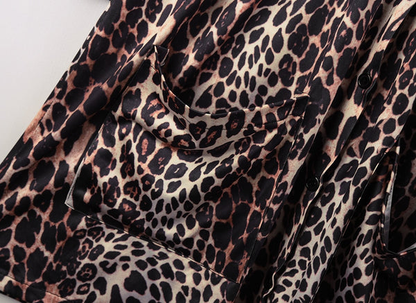 Leopard Cotton Pocketed Cardigan Kimono Blouse