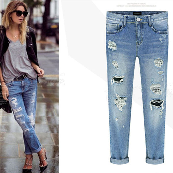 Ladies Cotton Denim Boyfriend Ripped Pencil Skinny Jeans