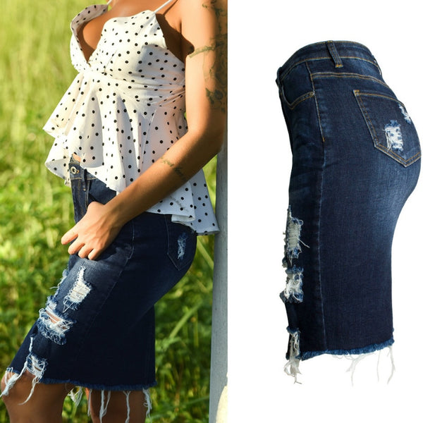 Women's Ripped Body-con Denim Pencil Jean Skirt