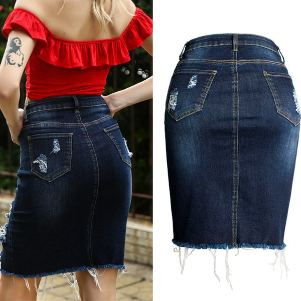 Women's Ripped Body-con Denim Pencil Jean Skirt