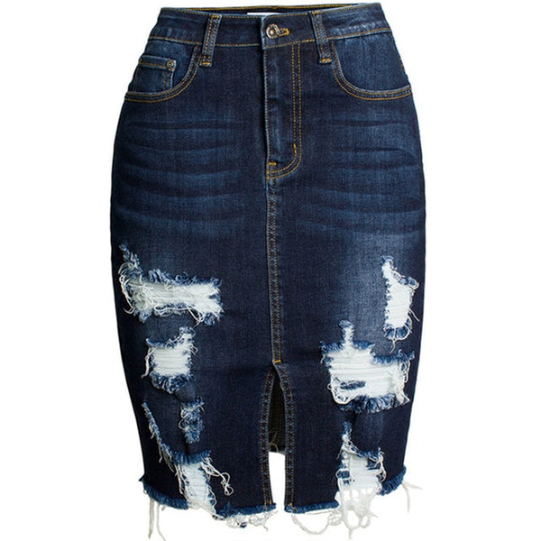 Women's Ripped Body-con Denim Pencil Jean Skirt