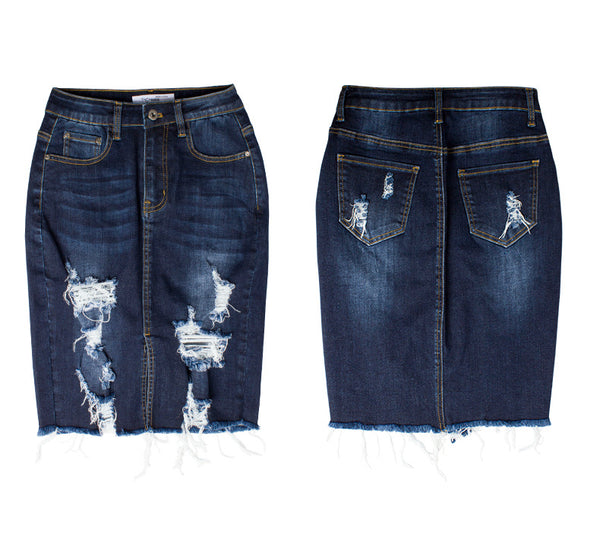 Women's Ripped Body-con Denim Pencil Jean Skirt