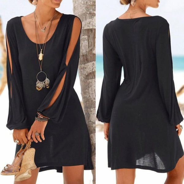 Fashion Women Casual O-Neck Hollow Out Sleeve Straight Solid Mini Dress