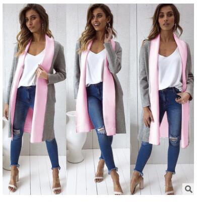 Women Patchwork Long Trench Sweater Cardigan Coat