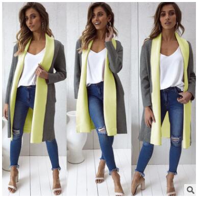Women Patchwork Long Trench Sweater Cardigan Coat