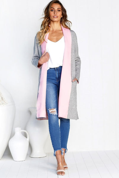 Women Patchwork Long Trench Sweater Cardigan Coat