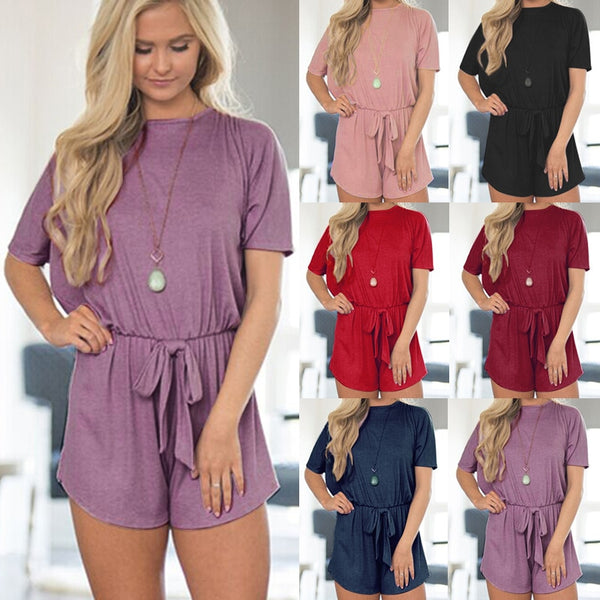 Women Summer Shorts Short Sleeve Backless Casual Romper Jumpsuit