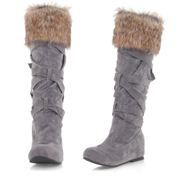 Women's Faux Suede Mid Calf Flat Warm Comfortable Thigh High Lace- Up Fur Boots