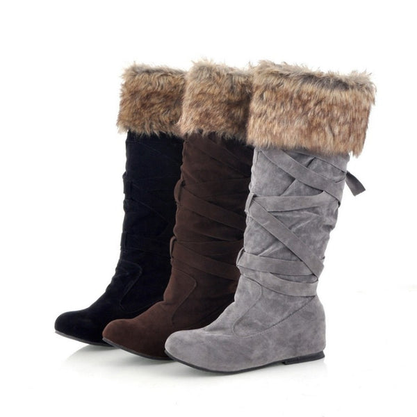 Women's Faux Suede Mid Calf Flat Warm Comfortable Thigh High Lace- Up Fur Boots