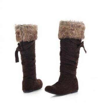 Women's Faux Suede Mid Calf Flat Warm Comfortable Thigh High Lace- Up Fur Boots