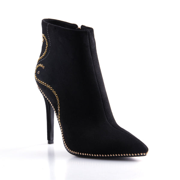 Autumn Faux Suede Gold Beads Pointed Toe Ankle Boots