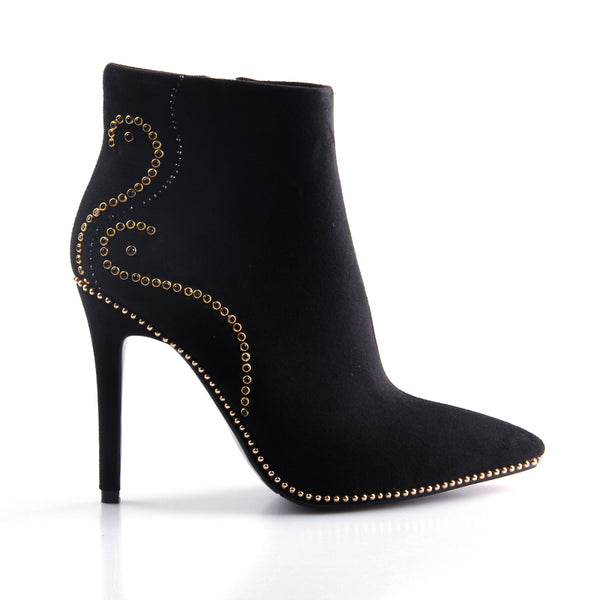 Autumn Faux Suede Gold Beads Pointed Toe Ankle Boots