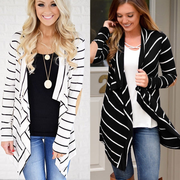 Women Black White Striped Patchwork Cardigan Sweater