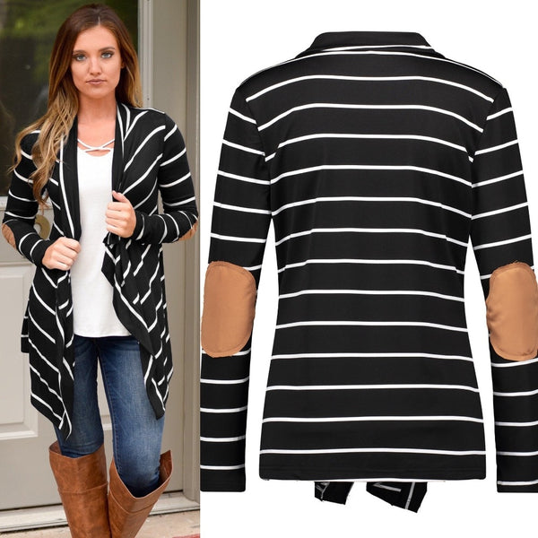 Women Black White Striped Patchwork Cardigan Sweater