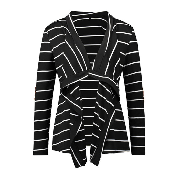 Women Black White Striped Patchwork Cardigan Sweater
