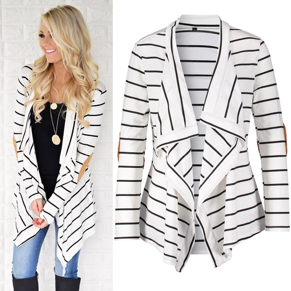 Women Black White Striped Patchwork Cardigan Sweater