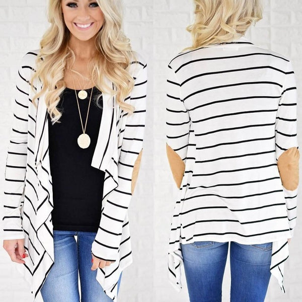 Women Black White Striped Patchwork Cardigan Sweater