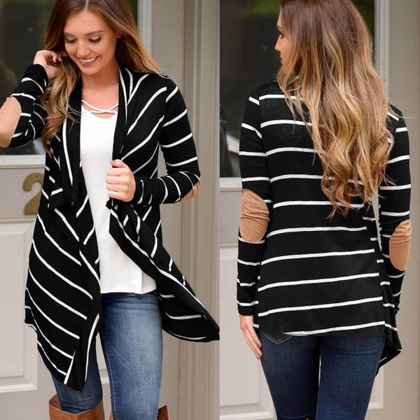 Women Black White Striped Patchwork Cardigan Sweater