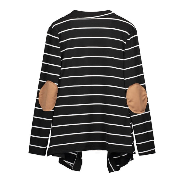 Women Black White Striped Patchwork Cardigan Sweater