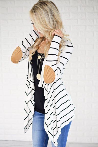 Women Black White Striped Patchwork Cardigan Sweater