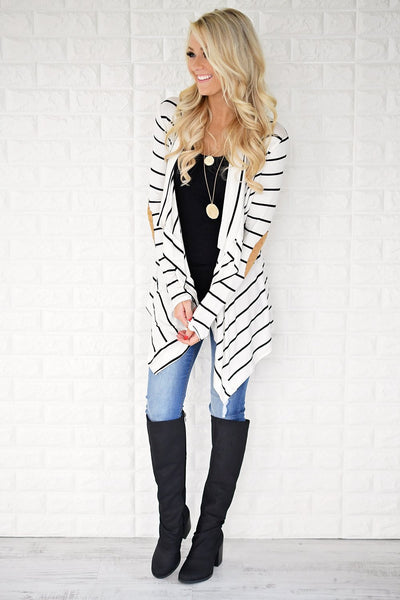 Women Black White Striped Patchwork Cardigan Sweater