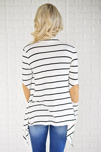 Women Black White Striped Patchwork Cardigan Sweater