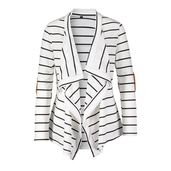 Women Black White Striped Patchwork Cardigan Sweater