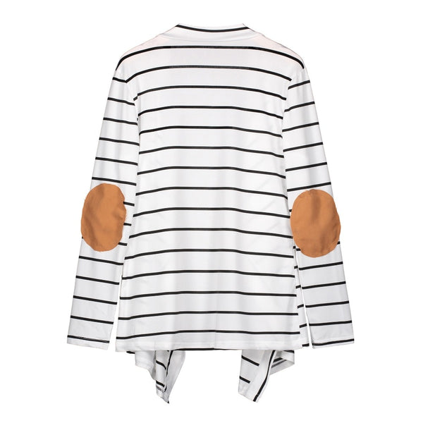 Women Black White Striped Patchwork Cardigan Sweater
