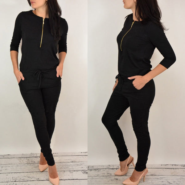 Women Long Sleeve  Mid Waist Black Gray Cotton Thin  Zipper Casual Jumpsuit Romper