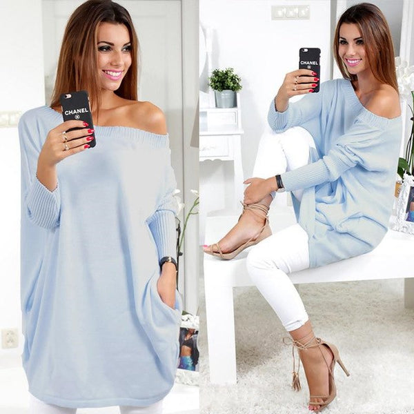 Long Knitted Pullover Women Sexy Off Shoulder Oversized Casual Batwing Sleeve Loose Jumper Sweater Top