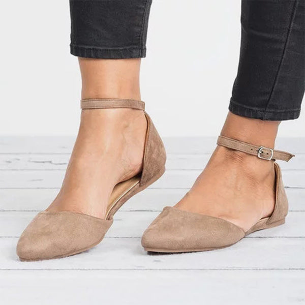 Women Pointed Toe Flock Buckle Strap Comfortable Ladies Flat Shoes