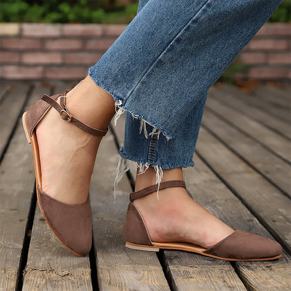 Women Pointed Toe Flock Buckle Strap Comfortable Ladies Flat Shoes