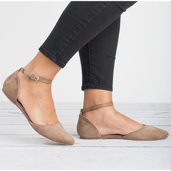 Women Pointed Toe Flock Buckle Strap Comfortable Ladies Flat Shoes