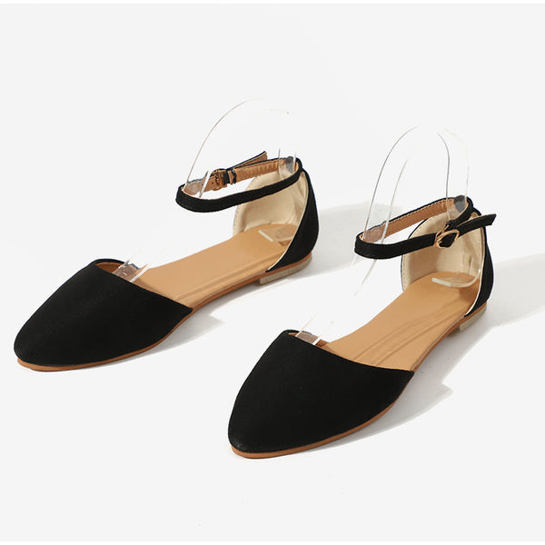 Women Pointed Toe Flock Buckle Strap Comfortable Ladies Flat Shoes