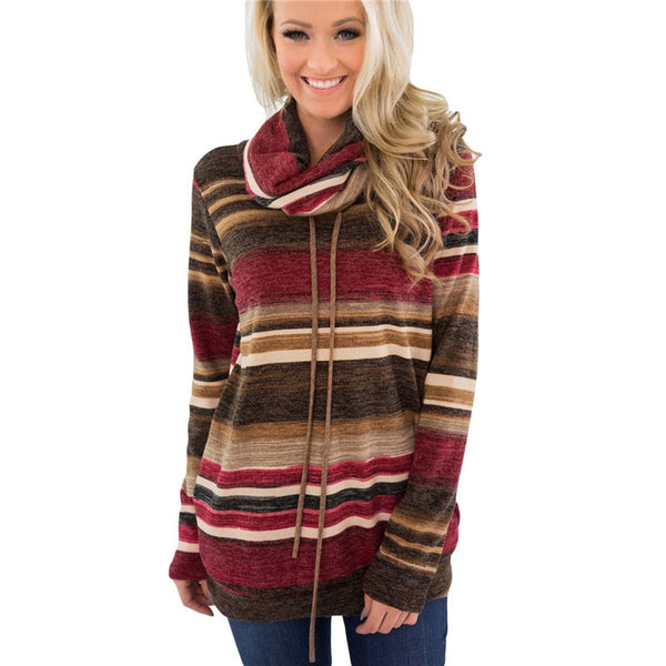 Women Autumn Winter Casual Long Sleeve Striped Patchwork Color Block Lace Up Pullover Sweater