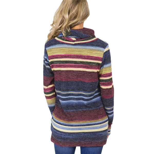 Women Autumn Winter Casual Long Sleeve Striped Patchwork Color Block Lace Up Pullover Sweater