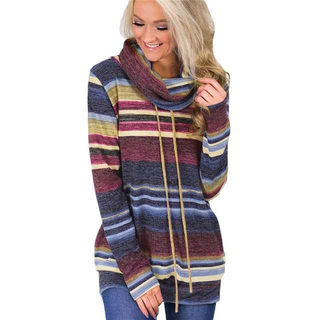 Women Autumn Winter Casual Long Sleeve Striped Patchwork Color Block Lace Up Pullover Sweater
