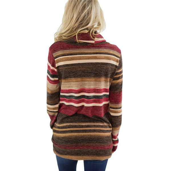 Women Autumn Winter Casual Long Sleeve Striped Patchwork Color Block Lace Up Pullover Sweater
