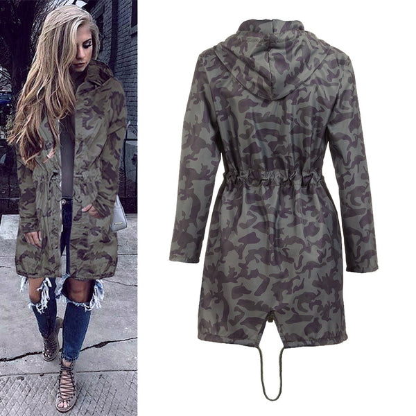 Boyfriend Women's Hooded Windbreaker Camouflage Outwear  Long Coat Jacket