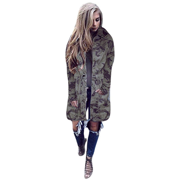 Boyfriend Women's Hooded Windbreaker Camouflage Outwear  Long Coat Jacket