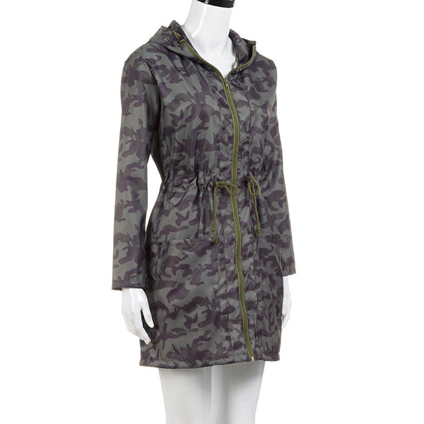 Boyfriend Women's Hooded Windbreaker Camouflage Outwear  Long Coat Jacket