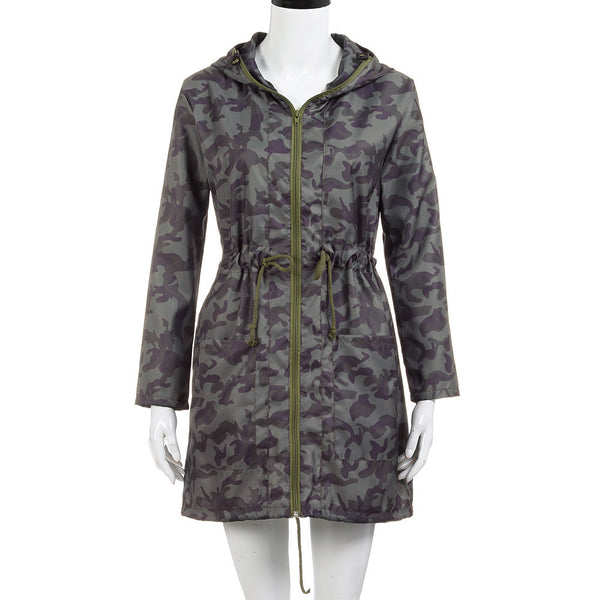 Boyfriend Women's Hooded Windbreaker Camouflage Outwear  Long Coat Jacket