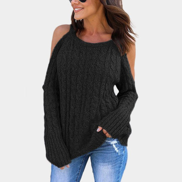 Autumn Women O-neck Long-sleeved Knitted Jumper Crocheted Twist Off Shoulder Pullovers Sweater