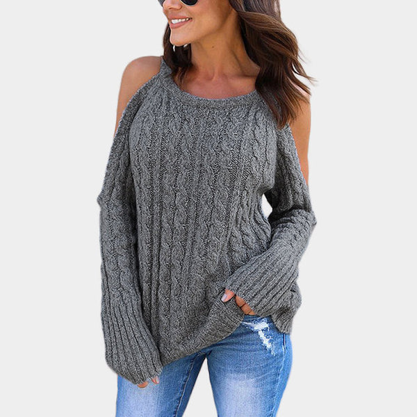 Autumn Women O-neck Long-sleeved Knitted Jumper Crocheted Twist Off Shoulder Pullovers Sweater