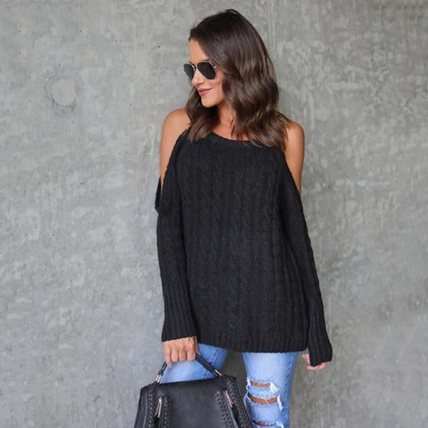 Autumn Women O-neck Long-sleeved Knitted Jumper Crocheted Twist Off Shoulder Pullovers Sweater