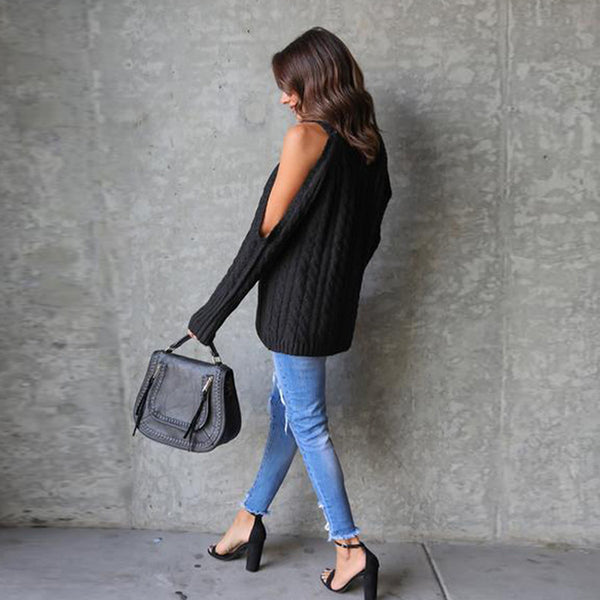 Autumn Women O-neck Long-sleeved Knitted Jumper Crocheted Twist Off Shoulder Pullovers Sweater