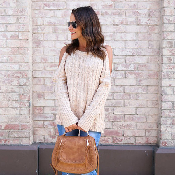 Autumn Women O-neck Long-sleeved Knitted Jumper Crocheted Twist Off Shoulder Pullovers Sweater