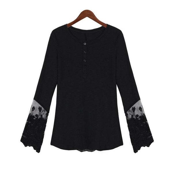 Casual Long Sleeve Lace Patchwork  O-Neck Blouse Tops